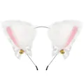 White plush cat ear headband with pink inner ears and white bows with gold bells - White Headband