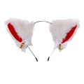 White faux fur cat ear headband with red accents, white bows and small gold bells - White Headband