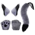 Grey and black faux fur fox ears headband tail and paw gloves 3-piece cosplay set - 3-Piece Glove Set / Gray