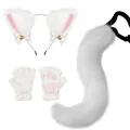 White furry cat ear headband, paw gloves and long tail set for Halloween cosplay - White 3-Piece Set