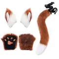 Complete brown faux fur fox ear headband and long tail set for Halloween cosplay - 3-Piece Glove Set / Brown and White