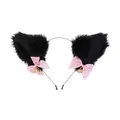 Handmade black faux fur cat ear headband with pink bows and gold bells for cosplay outfits - Black Headband