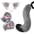 Grey faux fur fox ear headband paw gloves and tail set for Halloween cosplay - Grey 3-Piece Set