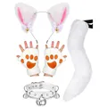 Plush white fox cosplay accessory set with cat ears headband, tail, paws and collar - Four-Piece Set / White