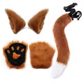 Complete faux fox fur ears and tail set for Halloween cosplay costume performance - 3-Piece Glove Set / Brown