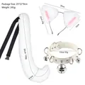 White plush cat ears headband and fox tail cosplay set with silver bell collar - Three-Piece Set / White