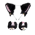 Furry black cat ears headband and matching paw cuffs set with golden bells for cosplay - Black Headband And Wristbands