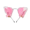 Pink and white faux fur animal ears headband with satin bows and golden bells for cosplay. - Pink Headband