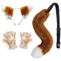 Faux fox fur ears headband and long tail set with paw gloves for Halloween cosplay costume - Brown 3-Piece Set