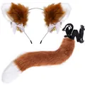 Furry plush fox ear headband and matching tail set for Halloween cosplay costume accessories - Brown Two-piece Set