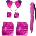 Pink and purple striped faux fur fox ears headband, tail and paw cuffs costume set - Purple 6-Piece Set (Headband+Tail+Gloves+Leg Warmers) / Purple