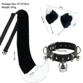Handmade furry fox cat ears headband and plush tail set with bell collar in black and white - Three-Piece Set / Black and White