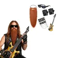 Rocker cosplay accessory set with long brown beard, studded gloves, and inflatable guitar - Rock Star Set / Brown