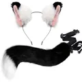 Plush black and white cat fox ears headband with matching fluffy tail cosplay set - Black & White 2-Piece Set