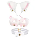 Fluffy white cat ear headband with matching wrist cuffs and bell choker cosplay set - White Headband, Wristbands & Lace Choker
