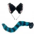 Black faux fur wolf ears headband and blue striped tail set for cosplay costumes - Blue & Black 2-Piece Set (Headband+Tail) / Black Blue
