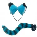 Faux fur blue fox ear headband and matching striped tail set for cosplay costumes - Blue 2-Piece Set (Headband+Tail) / Blue