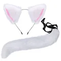 White faux fur fox ear headband and matching long tail set for Halloween cosplay costume - White 2-Piece Set