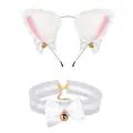 Cute white and pink plush cat ear headband with matching bell choker for cosplay set - White Headband and Lace Choker Set