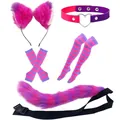 Pink and purple striped cosplay accessory set including furry ears tail choker and socks - Purple 5-Piece Set (Headband+Tail+Gloves+Choker+Stockings) / Purple