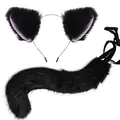 Black furry cat ears headband and tail set with pink inner ears for cosplay. - Black 2-Piece Set