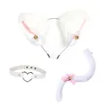 White plush cat ears headband with matching furry tail and heart choker cosplay set - White Headband Tail Leather Choker