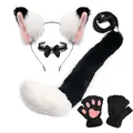 Simulation plush cat ears and fox tail cosplay costume set with choker and paw gloves - Four-Piece Set / Black and White