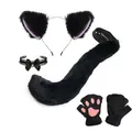 Plush black cat cosplay accessory set including ears headband, tail, collar, and paw gloves - Four-Piece Set / Black