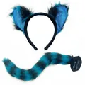 Blue and black striped faux fur fox ears headband and tail cosplay costume set. - Blue Sequin 2-Piece Set (Headband+Tail) / Blue Sequin