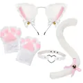 White and pink fluffy cat ear headband, paw gloves, choker and tail cosplay costume set - White 5-Piece Set