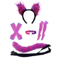Vibrant purple and pink striped fox cosplay accessory set including furry ears and tail - Purple 5-Piece Set (Headband+Gloves+Socks+Choker+Tail) / Purple