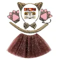 5pcs leopard print costume set with ears headband, tail, paws, and brown star tutu skirt - 6-Piece Set / Brown Leopard