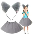 Gray furry cat ear headband with matching mesh tutu skirt costume set for kids cosplay - Headband And Tutu Set / Two-Piece Set / Gray