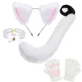 White plush cat ear headband and tail cosplay set with paw gloves and bell choker - Four-Piece Set / White