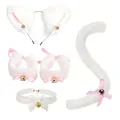 White furry cat ear headband and tail set with pink bows and gold bells for cosplay - White Five Piece Accessories Version 1