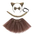4-piece leopard animal costume set with ear headband bow tie tail and brown tutu skirt - Four-Piece Set / Brown Leopard