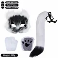 Black and white faux fur fox mask tail and gloves cosplay set for Halloween - White And Black 3-Piece Set