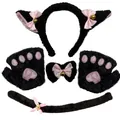 Cute black plush cat ear headband and paw gloves cosplay costume set with pink bows and bells - Black Plush Gloves Five Piece Accessories