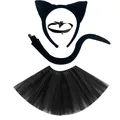 Set completo costume gatto nero Halloween con fascia orecchie, collare, coda e gonna tutù - Set da 4 pezzi / Nero