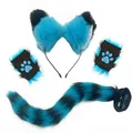 Blue and black faux fur cosplay set featuring fluffy wolf ears and long striped tail - 4-Piece Set (With Gloves) / Blue