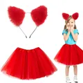 Rotes flauschiges Katzenohren Stirnband und Tutu Rock Set für Kinder Cosplay Party. - Stirnband und Tutu Set / Zweiteiliges Set / Rot