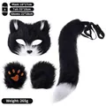 Black and white faux fur fox cat cosplay set including mask, tail, and paw gloves. - Black & White 3-Piece Set