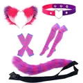 Pink and purple striped cosplay accessory set including furry ears, choker, and long tail - Large Ears 5-Piece Set / Purple