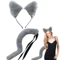 Handgefertigtes Set aus grauen Plüsch-Katzenohren-Haarreif und passendem Tierschwanz für Cosplay - Stirnband und Schwanz Set / Zweiteiliges Set / Grau