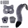 Complete gray furry fox cat cosplay set featuring plush mask, long tail, and paw gloves. - Grey 3-Piece Set
