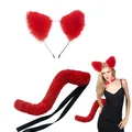 Flauschiges rotes Katzenohren Stirnband und passendes Fuchsschwanz Cosplay Kostüm Set - Stirnband und Schwanz Set / Zweiteiliges Set / Rot