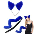 Handgefertigtes Set aus blauen flauschigen Katzenohren und Fuchsschwanz für Cosplay - Stirnband Schwanz und Halsband Set / Dreiteiliges Set / Blau