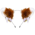 Plush fox ear headband with white ribbon bows and golden bells for cosplay costumes - Headband with Bells / Brown