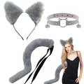 Handgefertigtes graues Plüsch-Katzenohren-Stirnband, Kunstfellschwanz und Choker-Set - Stirnband Schwanz und Halsband Set / Dreiteiliges Set / Grau