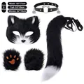 Full black and white furry fox cosplay costume set including mask, tail, paws, and choker - Black & White 4-Piece Set